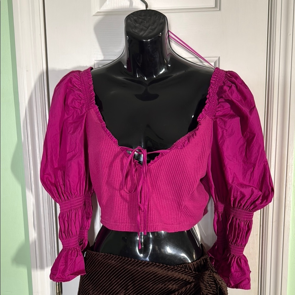 Urban Outfitters Magenta Rosie Cottage-core Puff Sleeve Crop Top Size Large